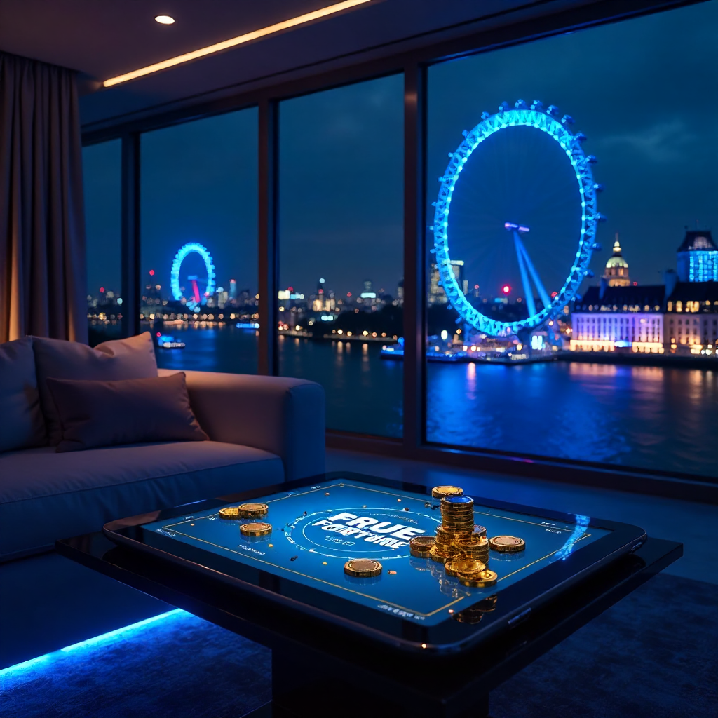 Ultra-luxury Mayfair penthouse interior at night with a panoramic view of the London Eye illuminated with royal blue neon lights, sleek futuristic furniture, a glowing True Fortune tablet on a dark marble table, floating 3D golden poker chips and royal bl